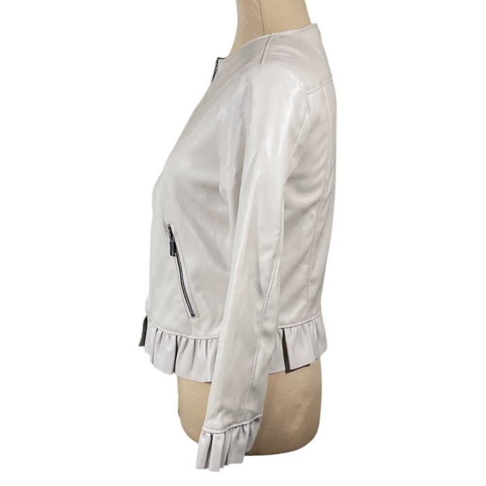 New Catherine Faux Leather Jacket Nude Ruffle Trim Size XS Extra Small Blush - Picture 2 of 8